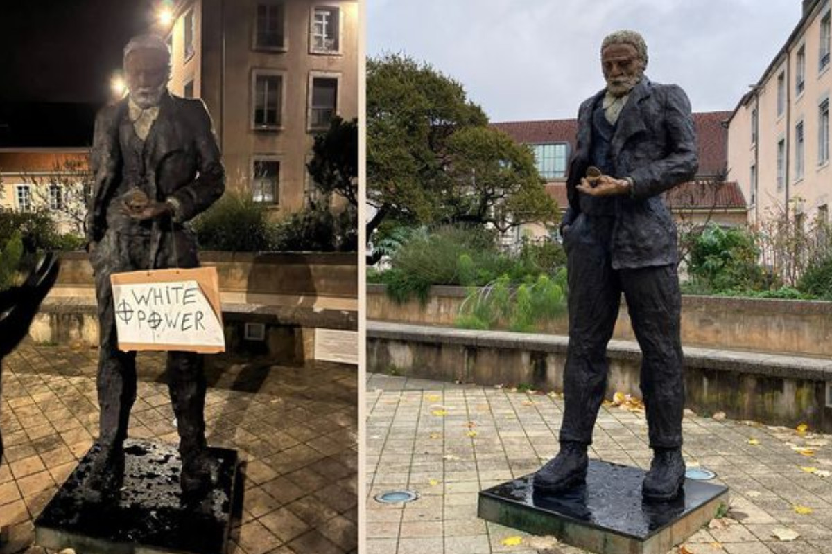 Statue de Victor Hugo repeinte en blanc