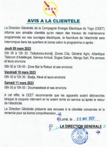 Togo: La CEET annonce plusieurs délestages à partir de ce jeudi 09 mars ; Voici les zones concernées !