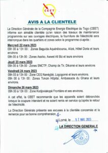Togo / CEET : Plusieurs délestages annoncés à Lomé ; Voici les dates et zones concernées