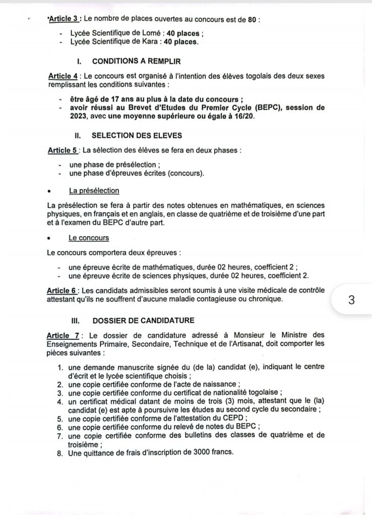 Togo Concours de recrutement d'élèves pour les lycées scientifiques