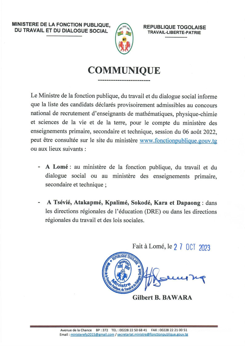 Concours enseignant togo résultats