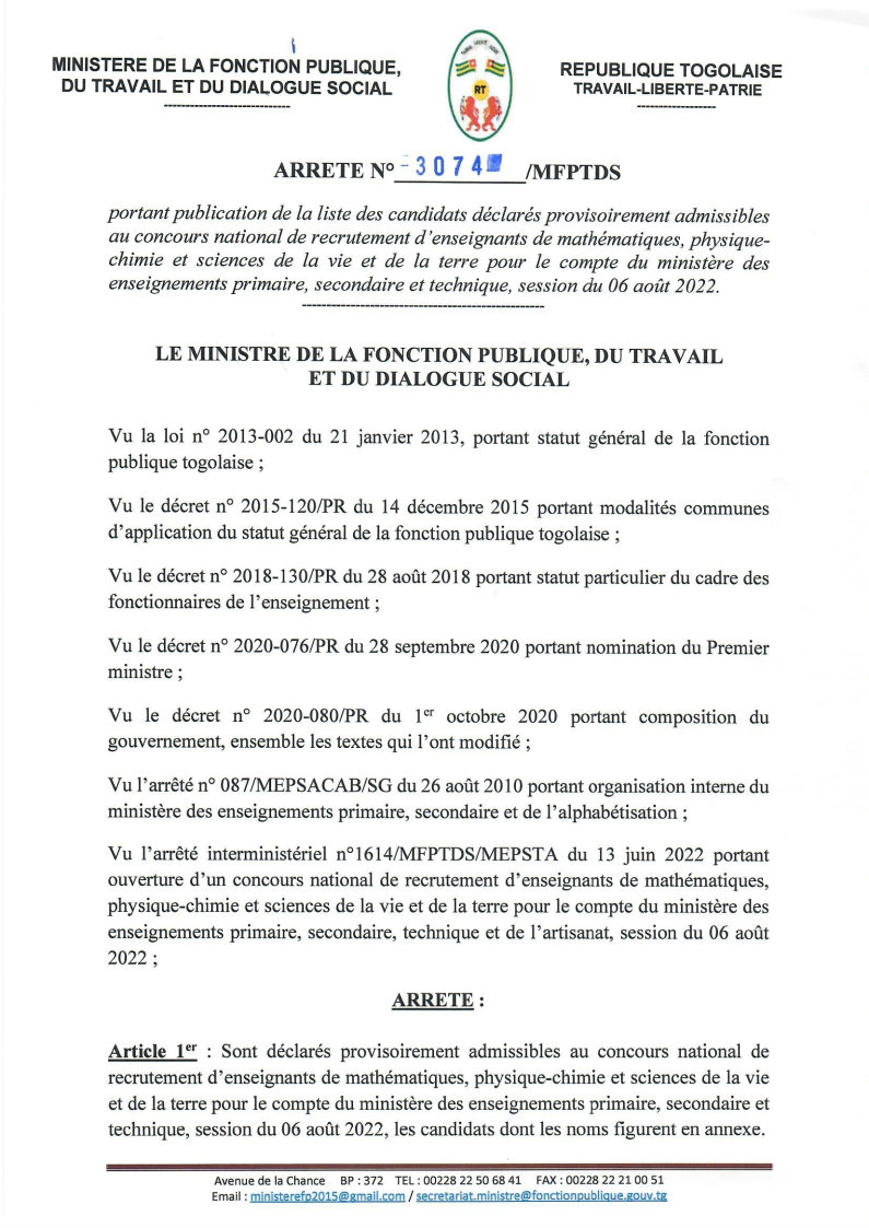 Concours enseignant togo résultats