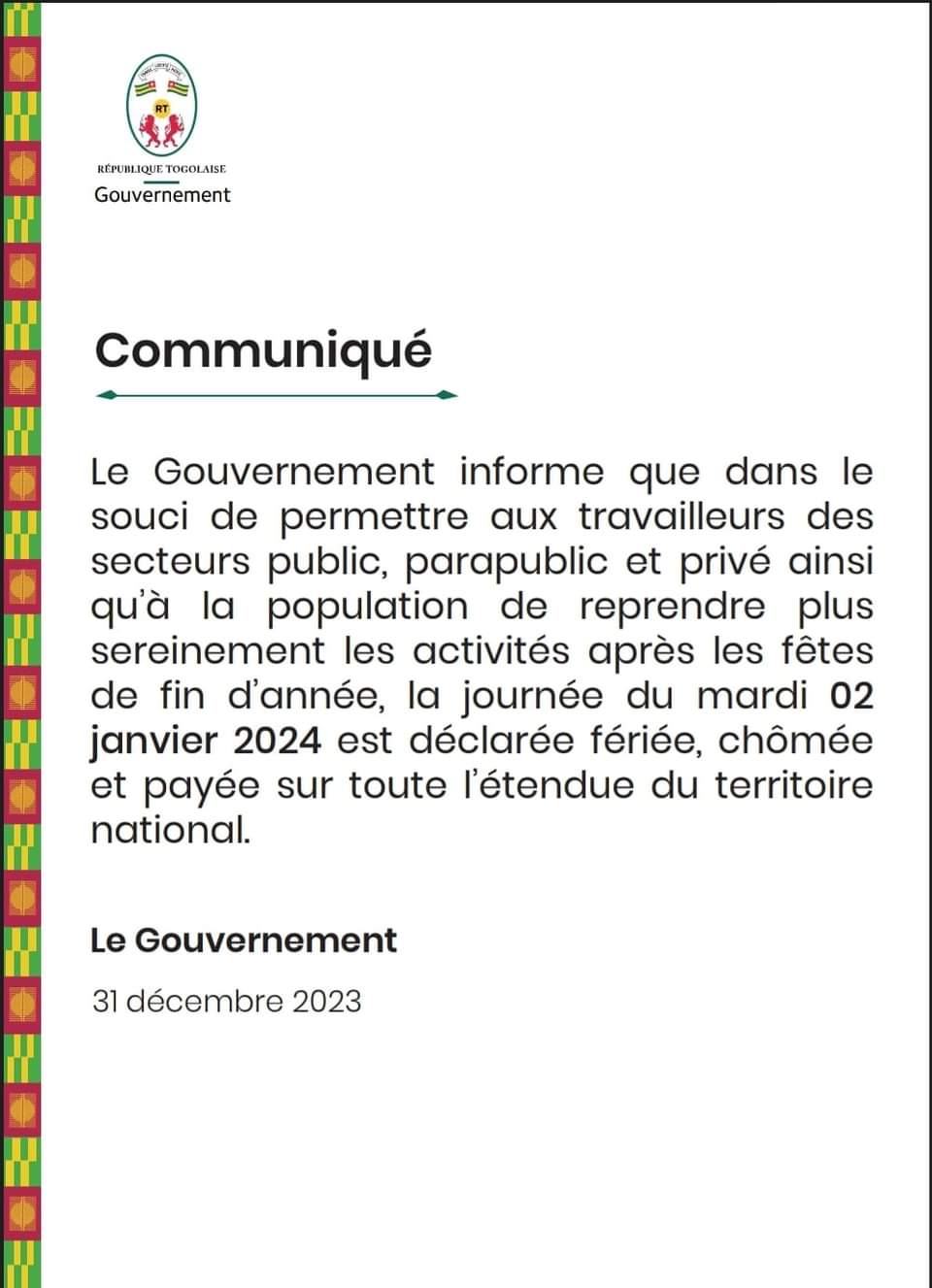 Togo mardi 2 janvier férié