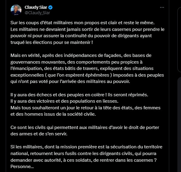 Capture d'écran du post de Claudy Siar sur les militaires