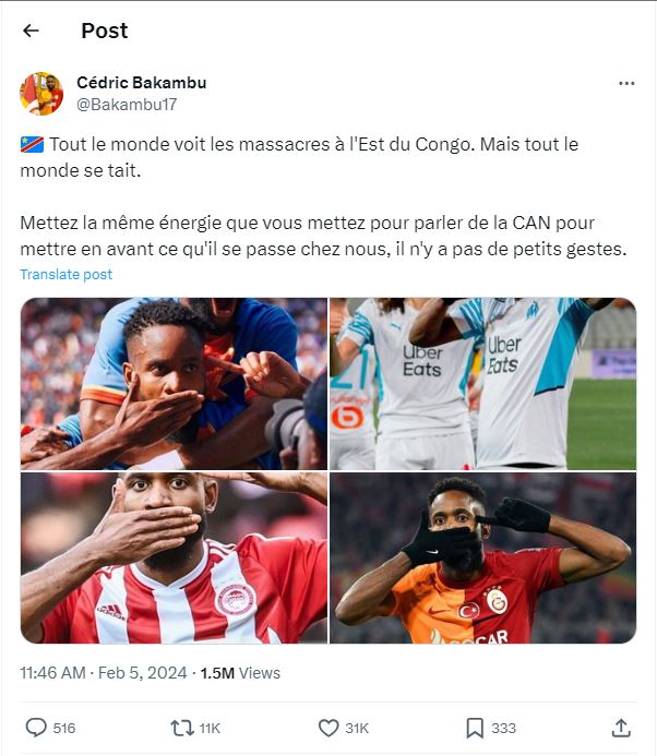 CAN 2023 à la veille du match contre la Côte d'Ivoire, Cedric Bakambu pose un geste louable contre les massacres en RD Congo