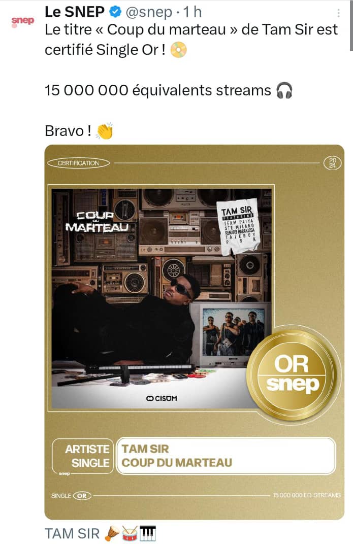 Officiel : la chanson Coup de marteau devient single d'or