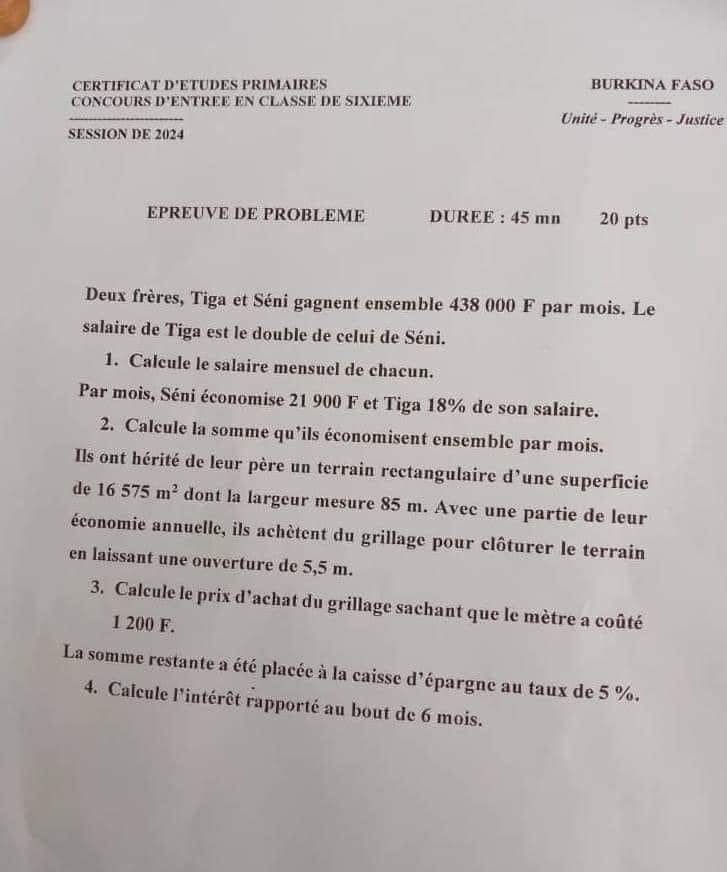 CEP 2024 Burkina Faso Problème