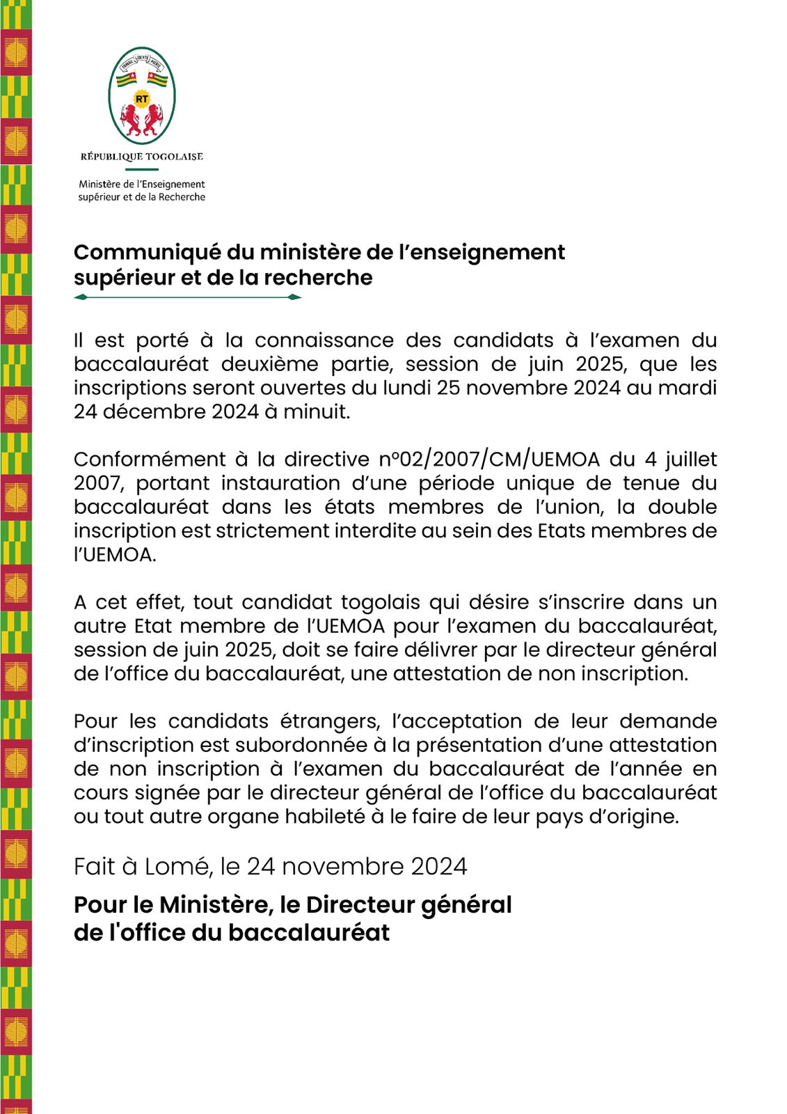 Togo baccalauréat 2025