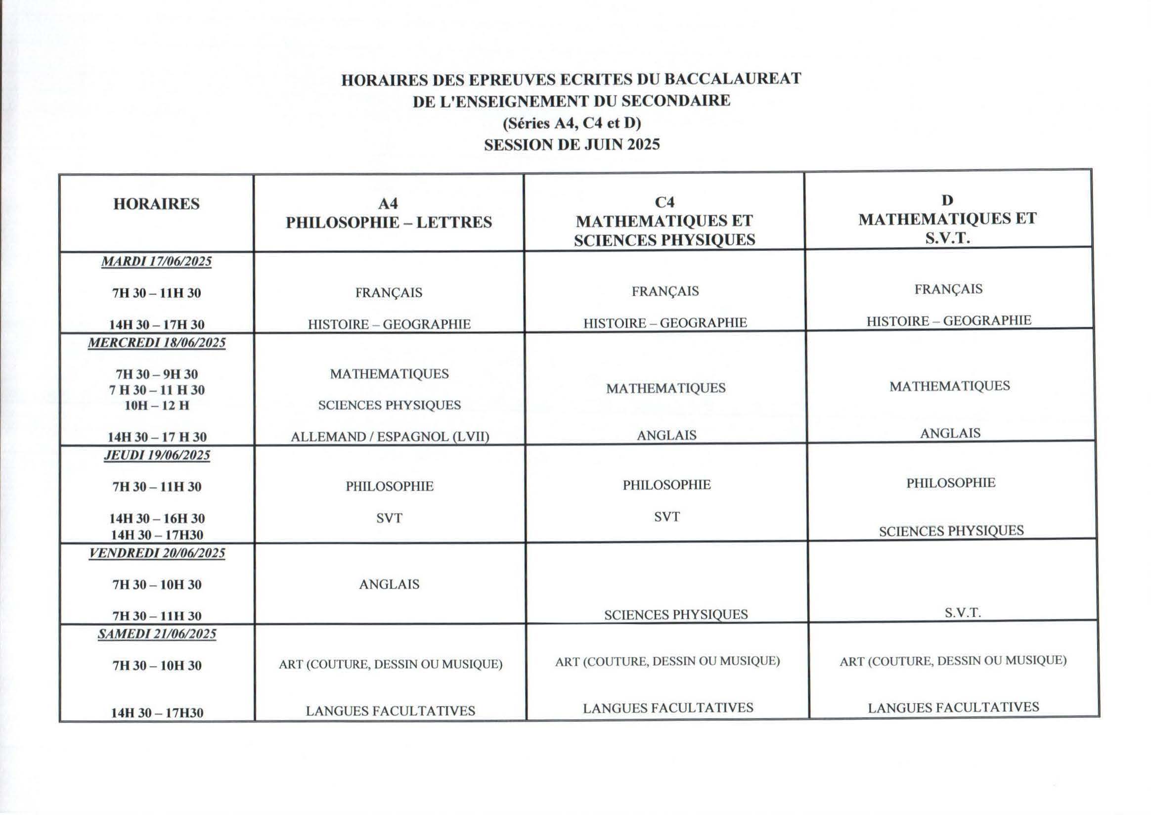 Togo / BAC II 2025 : voici le calendrier des épreuves pour toutes les séries