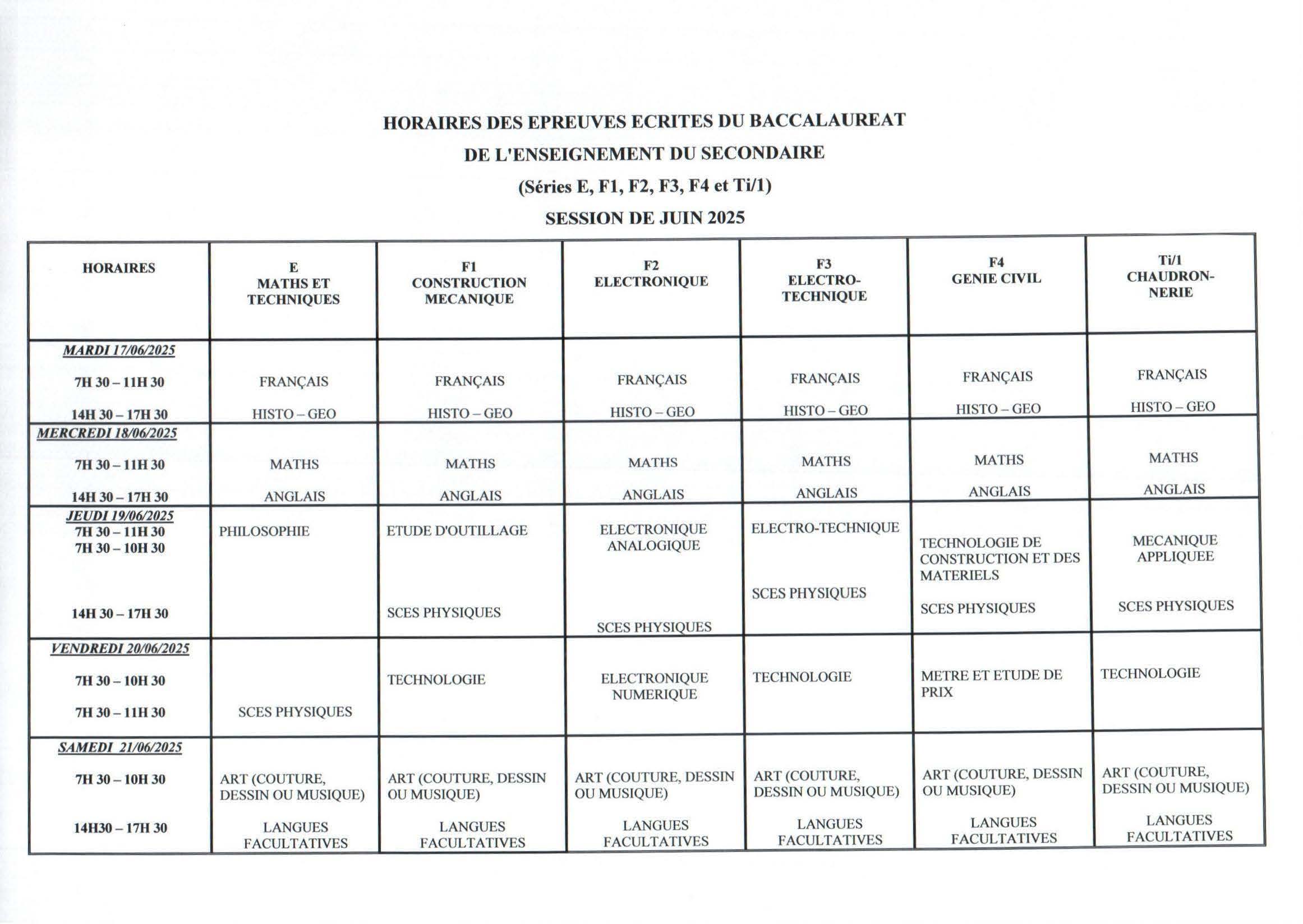 Togo / BAC II 2025 : voici le calendrier des épreuves pour toutes les séries