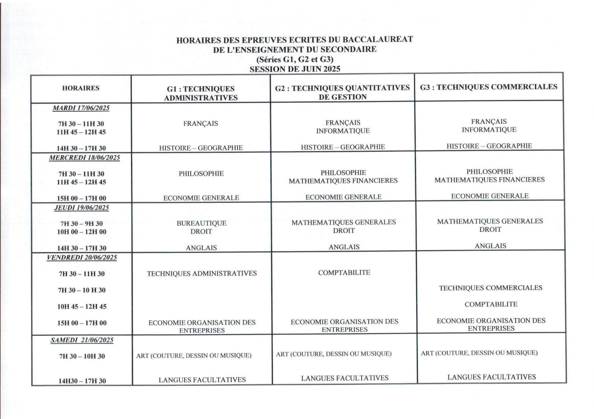 Togo / BAC II 2025 : voici le calendrier des épreuves pour toutes les séries