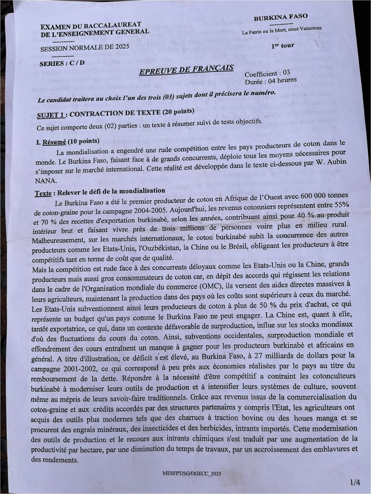 Burkina Faso BAC 2025 L’épreuve de français est très facile, on leur a même donné le...