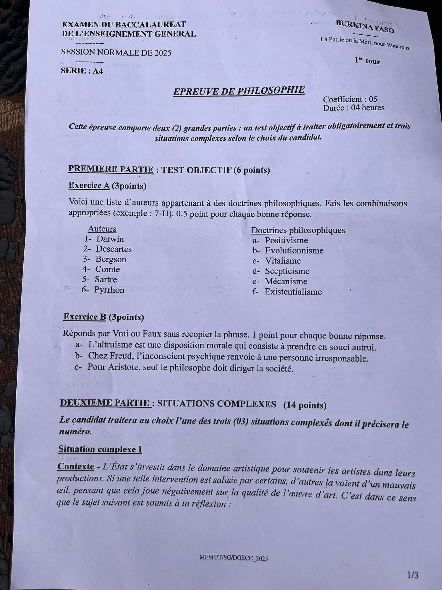 Burkina Faso BAC 2025 l’épreuve de philosophie fait jaser, la raison