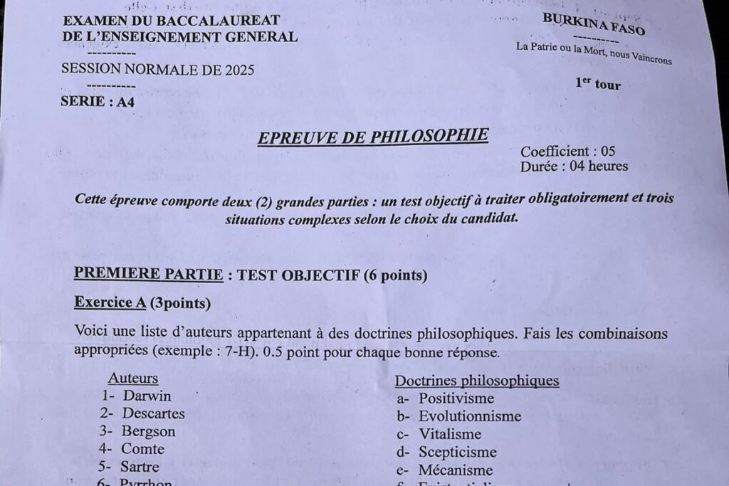 Burkina Faso BAC 2025 l’épreuve de philosophie fait jaser, la raison