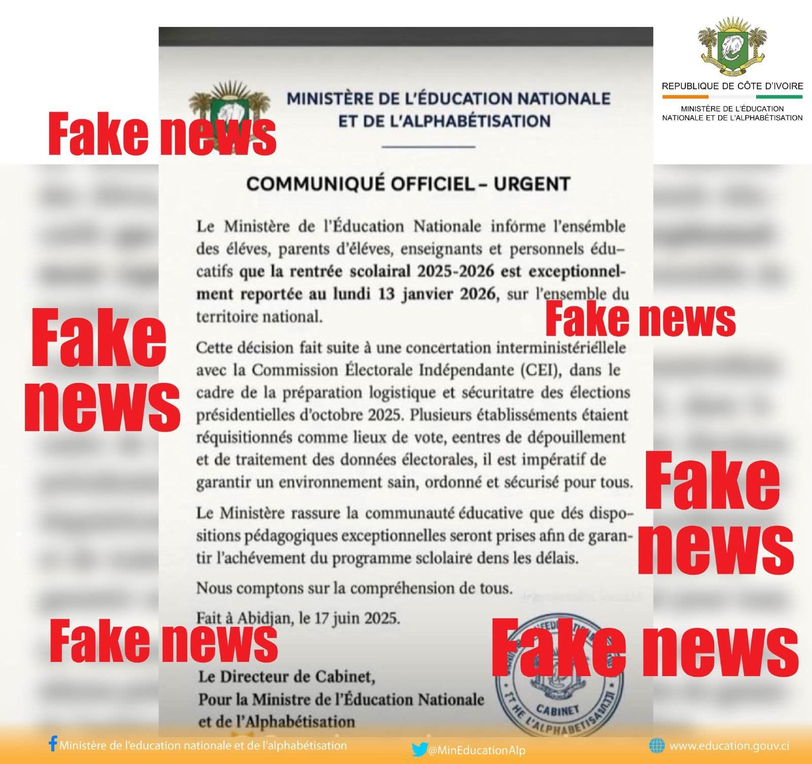 Côte d'Ivoire La rentrée prochaine est reportée au lundi 13 janvier 2026 à cause de..., la DECO réagit à cette information