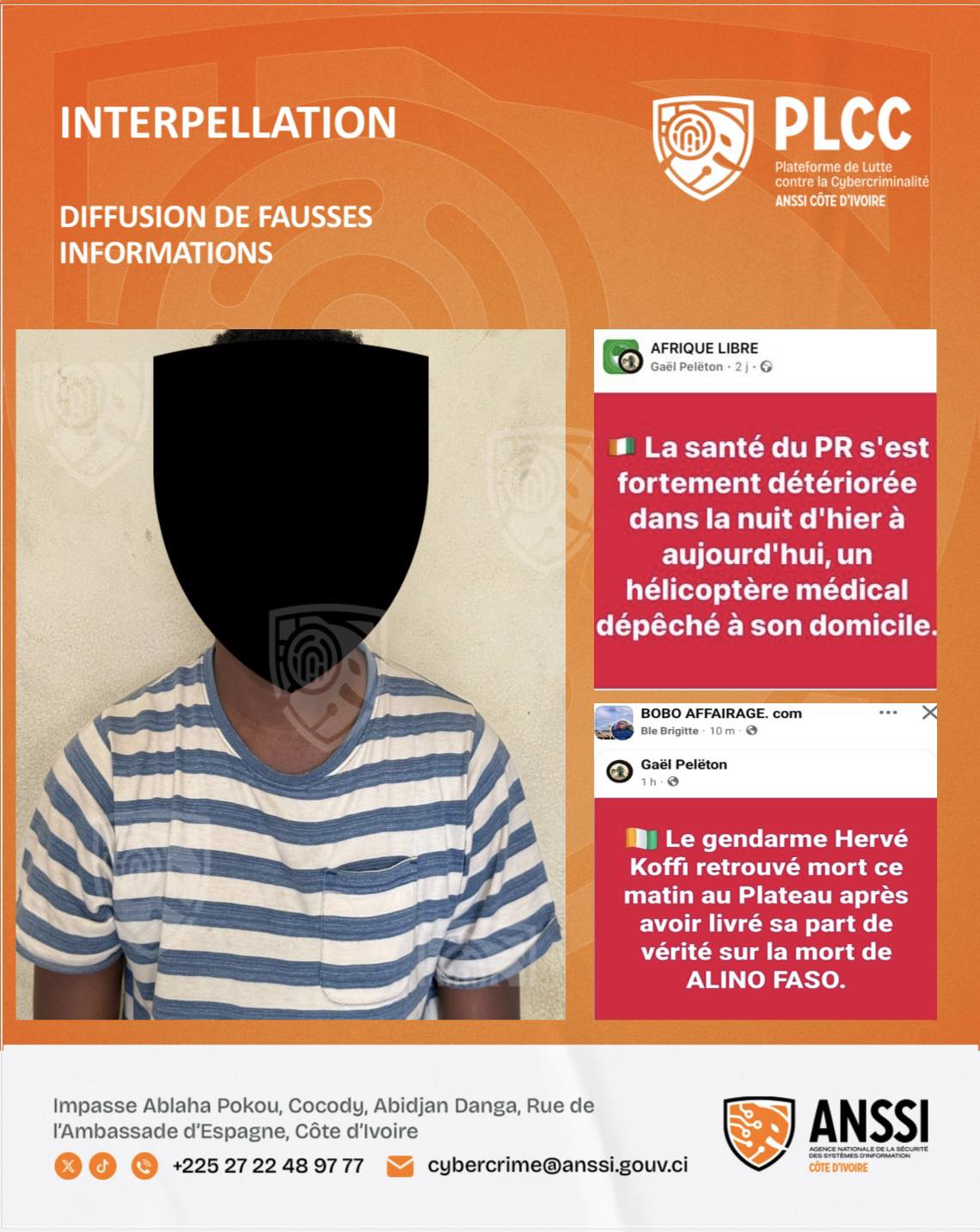 Côte d’Ivoire : il répand des informations non vérifiées sur la mort d’Alino Faso et se fait arrêter par la PLCC