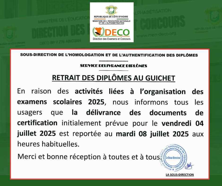 Côte d'Ivoire en raison des activités liées à la proclamation du BAC 2025, la DECO décide de reporter...