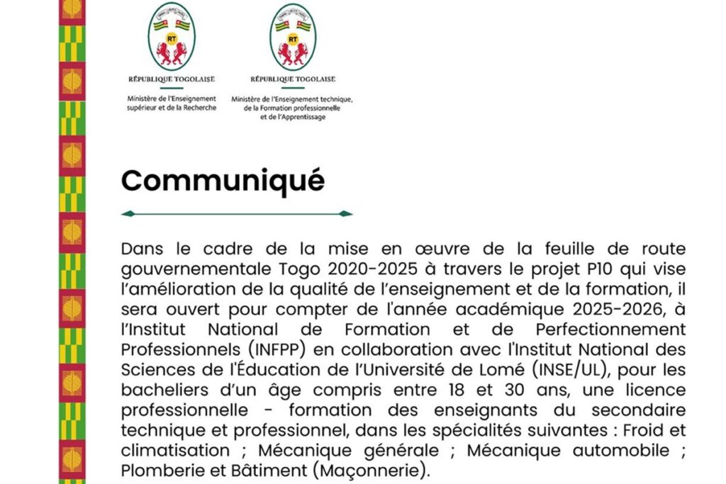 Togo création d'une licence professionnelle en froid-climatisation, mécanique, plomberie et bâtiment