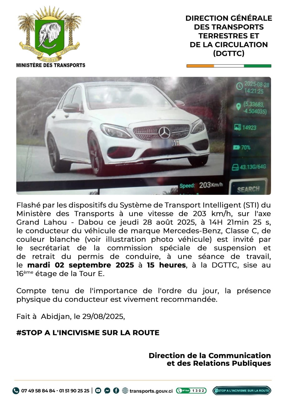 Côte d’Ivoire les autorités convoquent ce conducteur flashé à 203 kmh