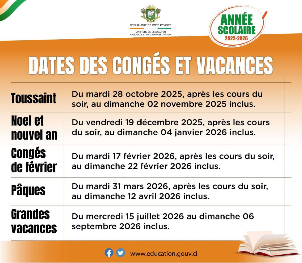 Côte d’Ivoire : le gouvernement rappelle les dates des congés de l’année scolaire 2025-2026