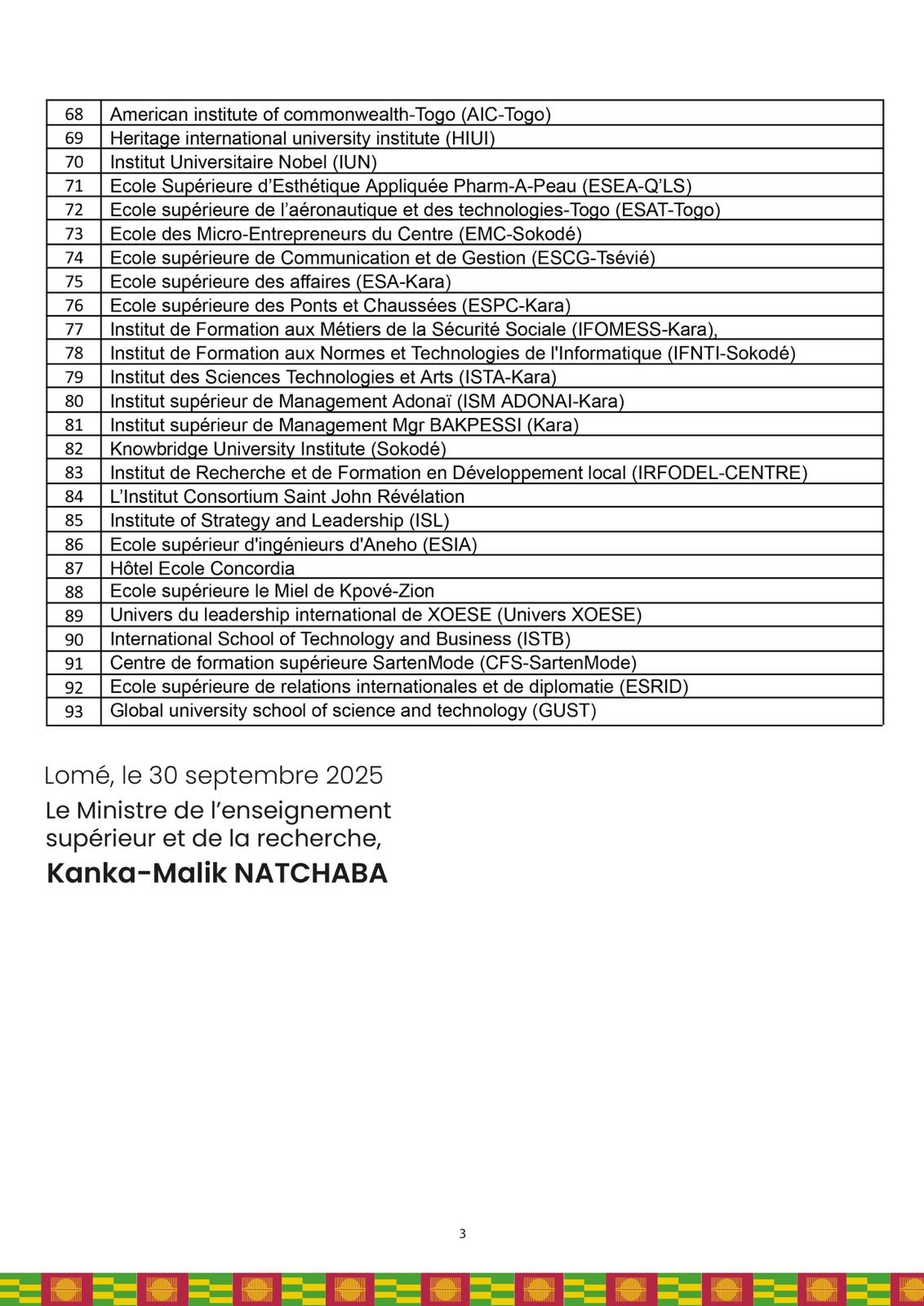 Togo / Rentrée universitaire 2025-2026 : voici les établissements reconnus par le gouvernement
