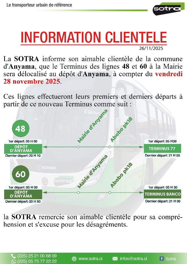 Côte d'Ivoire la SOTRA délocalise le terminus de ces lignes