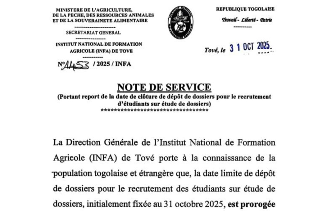 (INFA) DE TOVE NOTE DE SERVICE (Portant report de la date de clôture de dépôt de dossiers