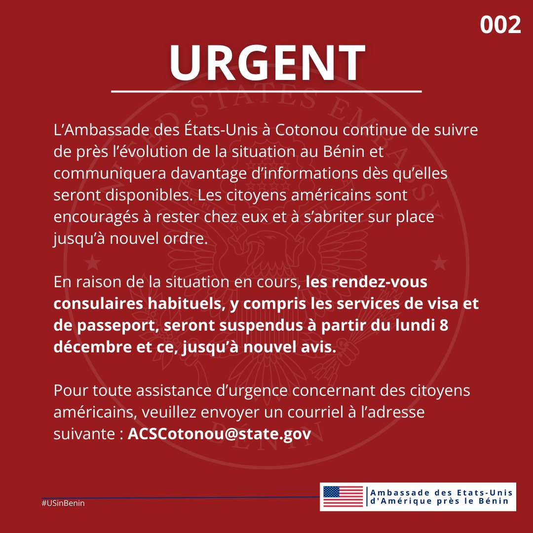 Bénin l’ambassade des États-Unis suspend les services de visa et de passeport jusqu’à nouvel ordre