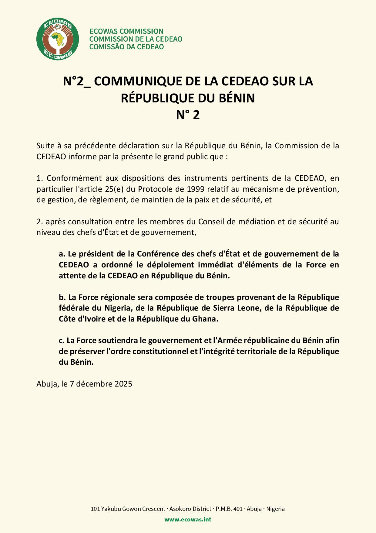 Tentative de putsch au Bénin la CEDEAO envoie des troupes du Nigeria, de la Côte d’Ivoire, de la Sierra Leone et du Ghana en renfort