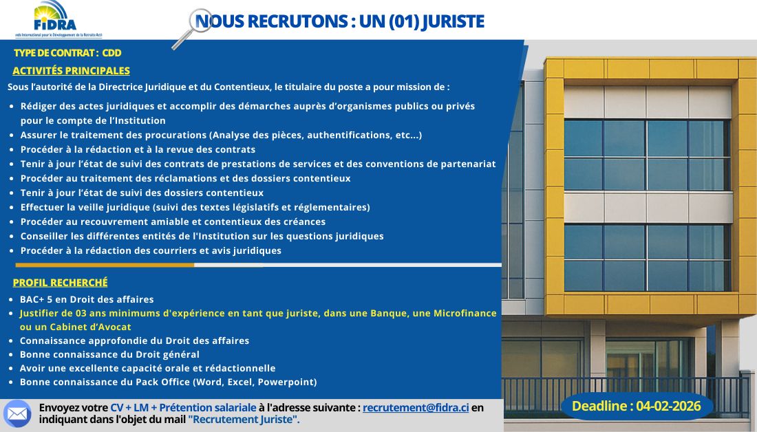 POSTE A POURVOIR A FIDRA : POSTULEZ (29 janvier 2026)