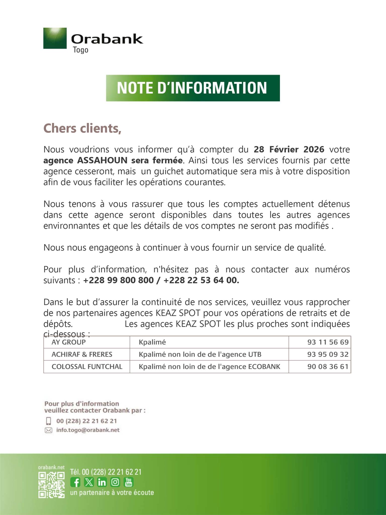 Togo : ORABANK ferme ses agences dans plusieurs localités du pays