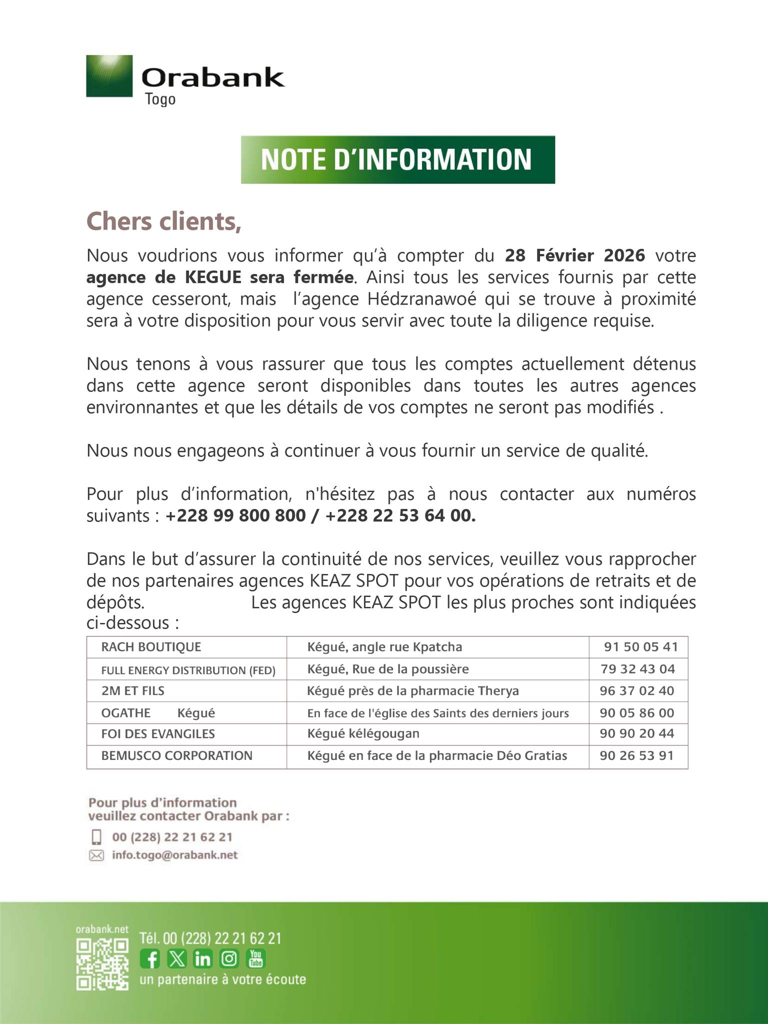 Togo : ORABANK ferme ses agences dans plusieurs localités du pays