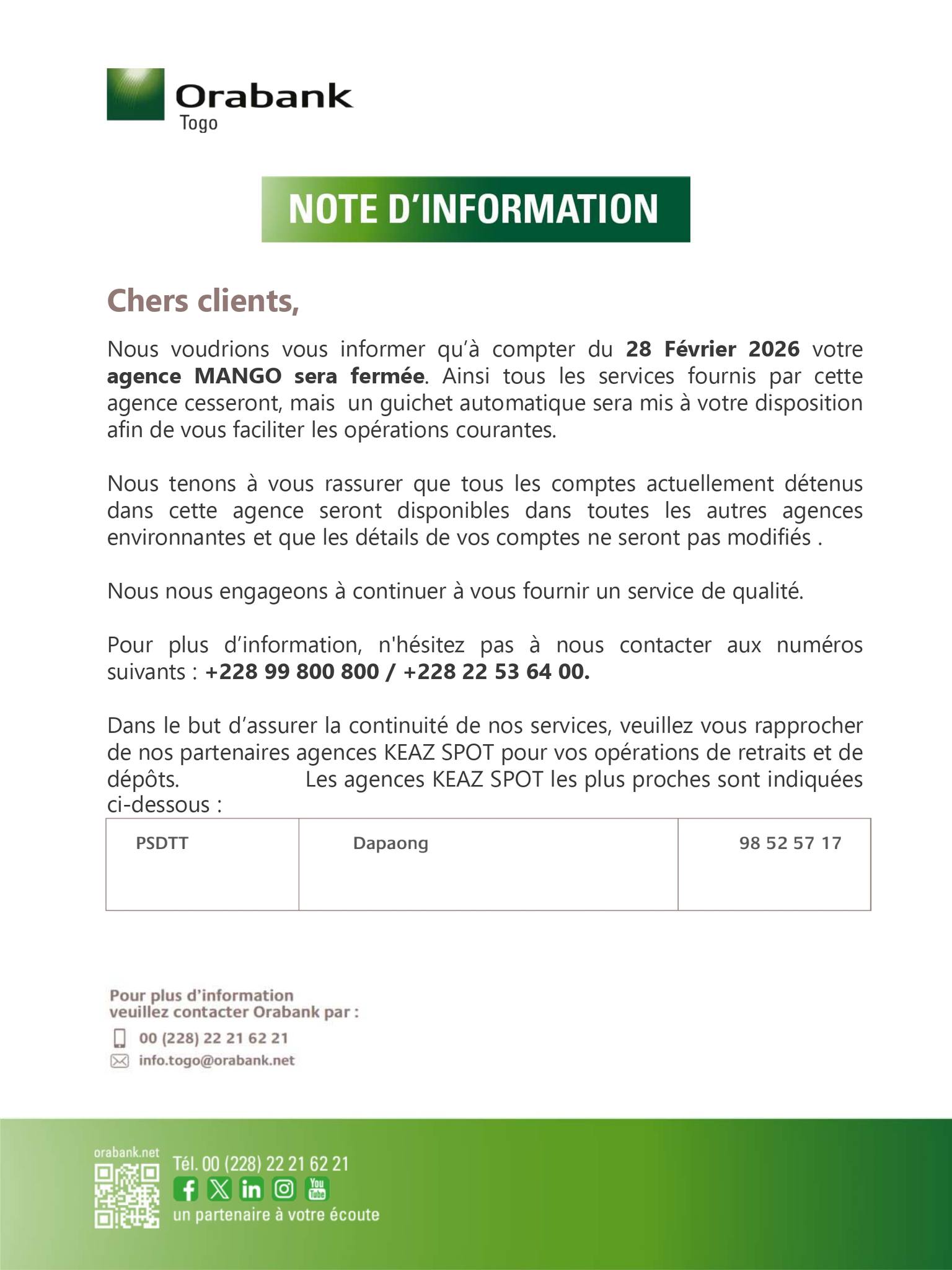 Togo : ORABANK ferme ses agences dans plusieurs localités du pays