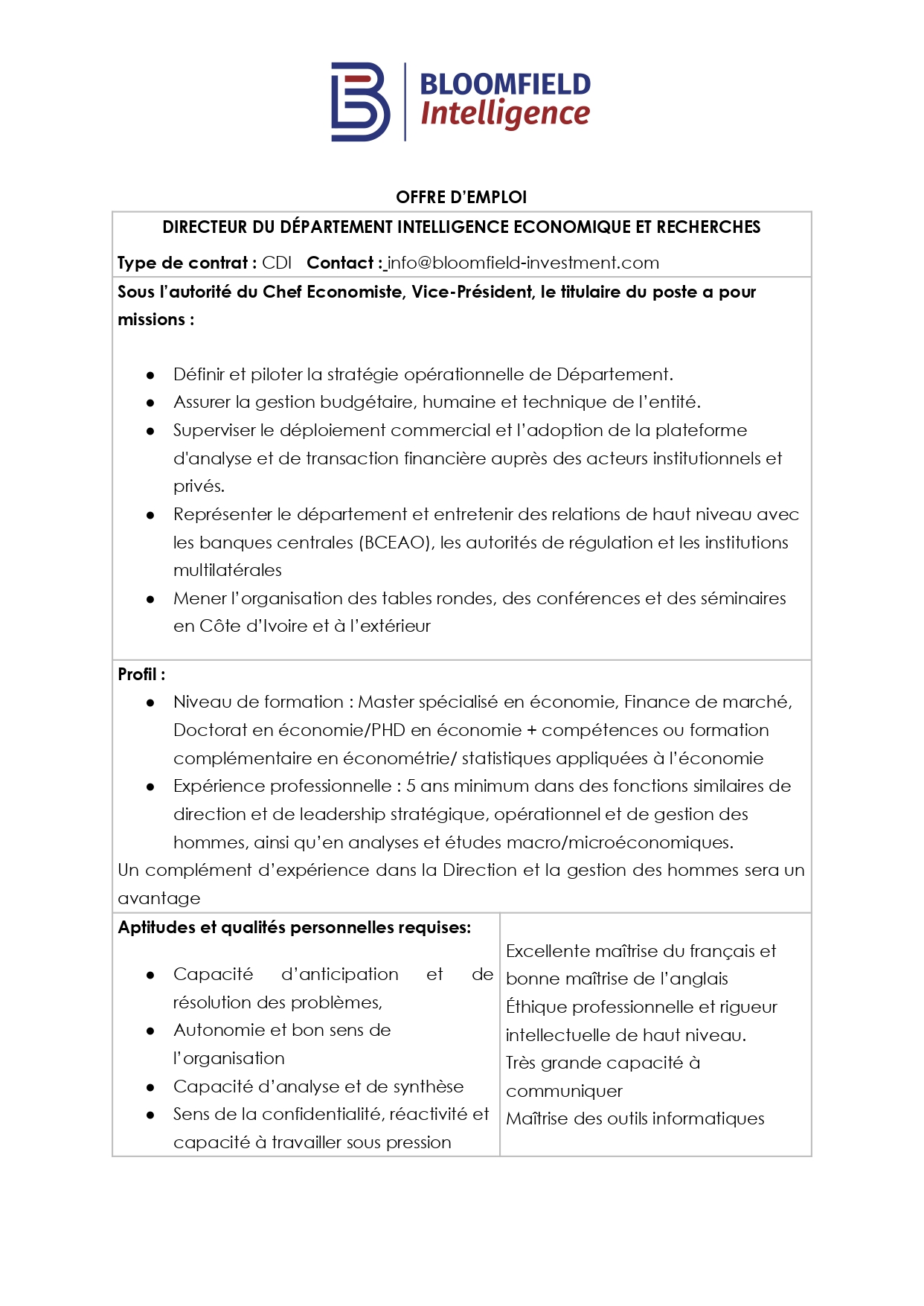 Recrutement en cours à Bloomfield Intelligence (16 janvier 2026)