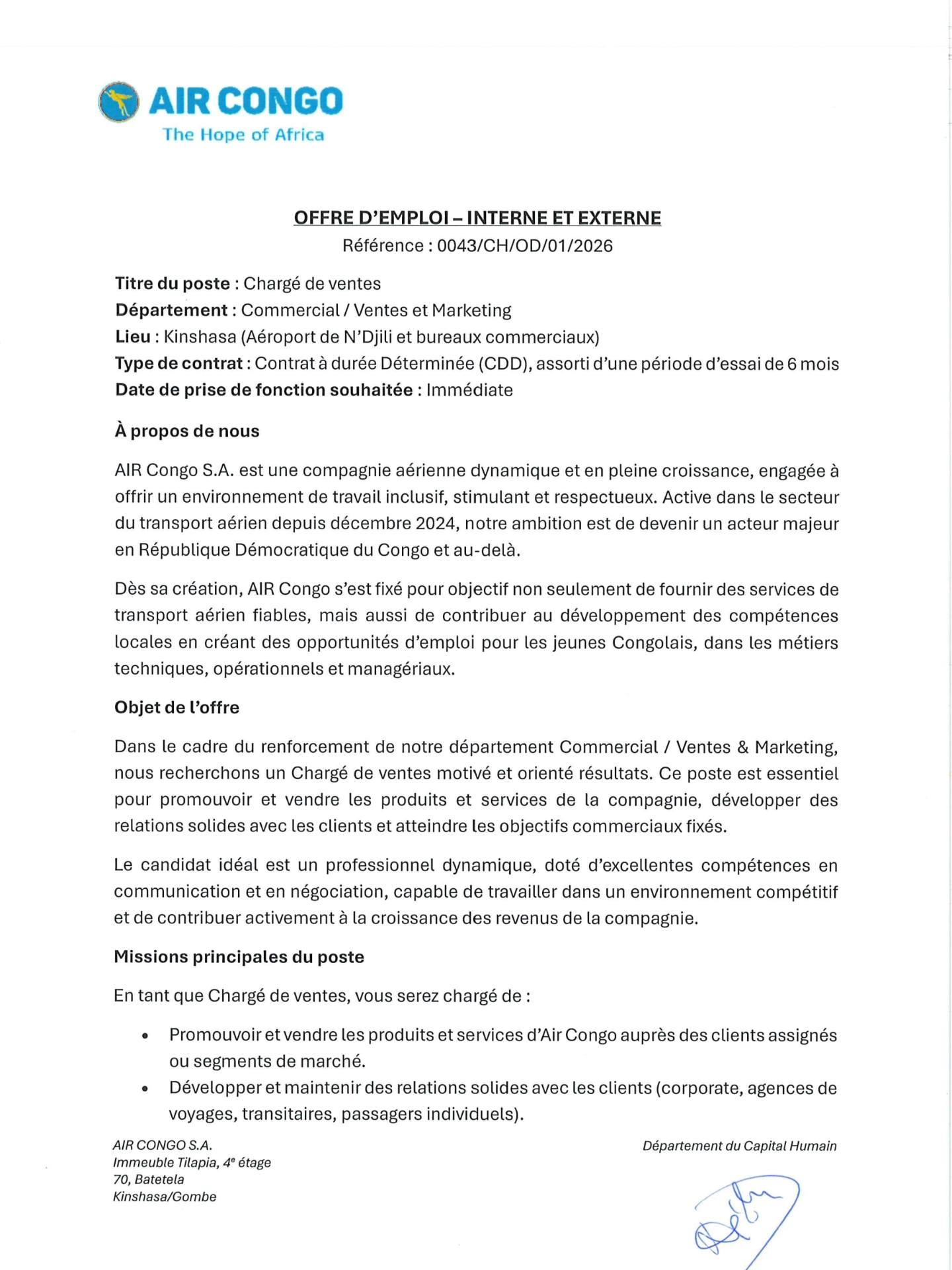 Recrutement à Air Congo : plusieurs postes à pourvoir (22 janvier 2026)