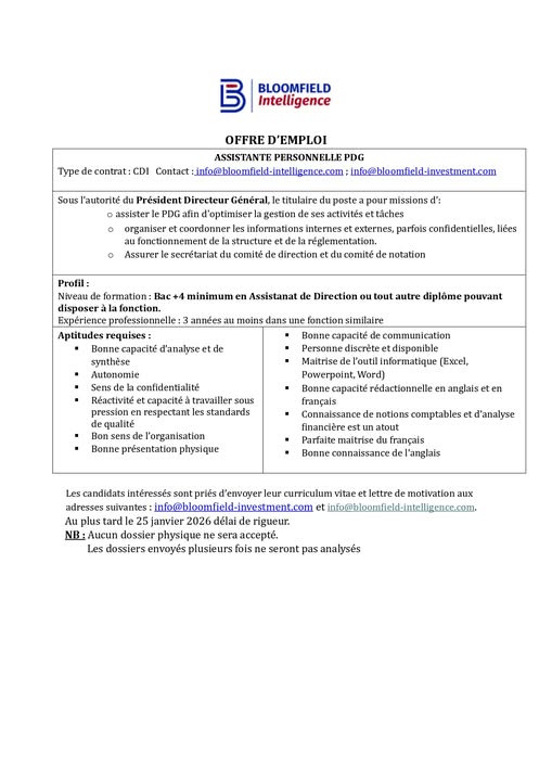 Recrutement en cours à Bloomfield Intelligence (16 janvier 2026)