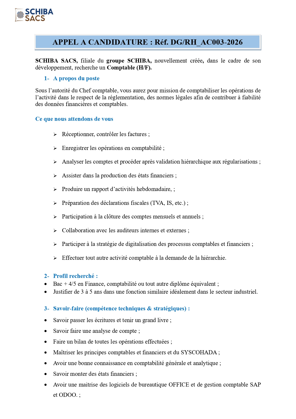 Recrutement massif en cours au Groupe Schiba (25 janvier 2026)