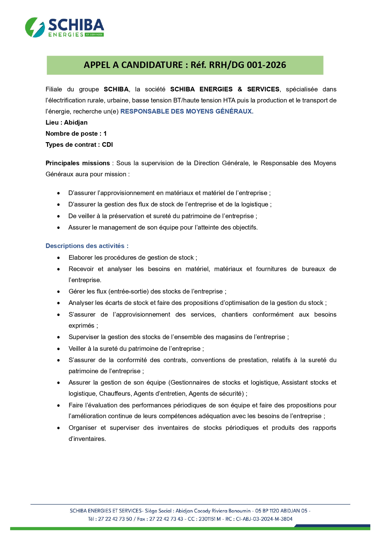 Recrutement massif en cours au Groupe Schiba (25 janvier 2026)