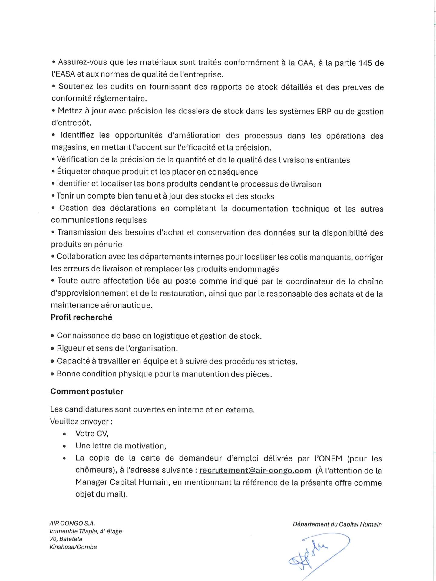 Recrutement à Air Congo : plusieurs postes à pourvoir (22 janvier 2026)