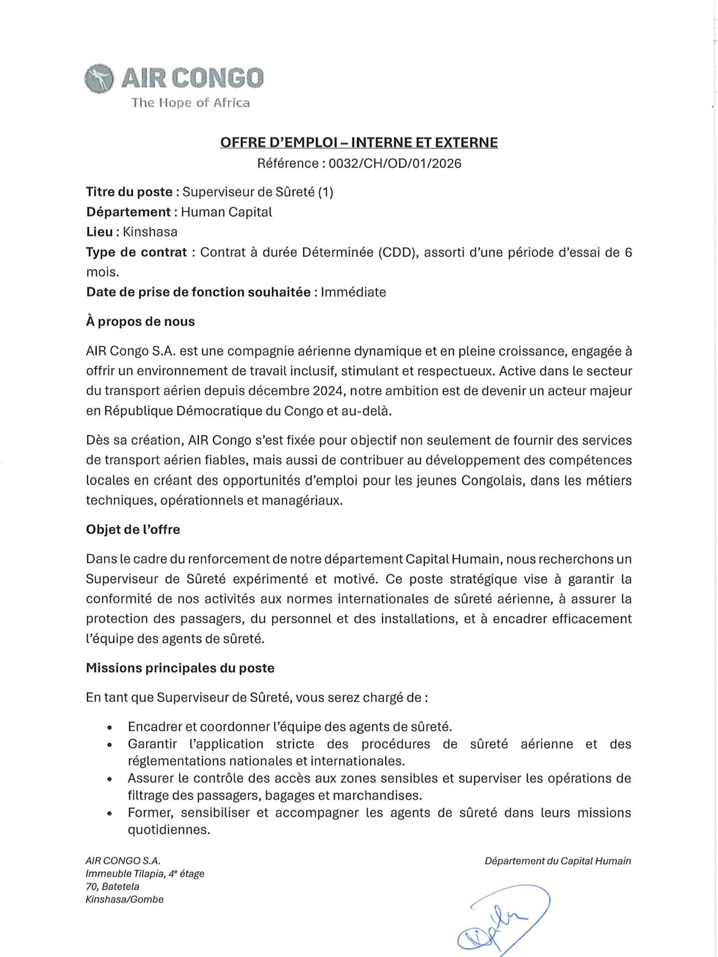 Recrutement à Air Congo : plusieurs postes à pourvoir (22 janvier 2026)