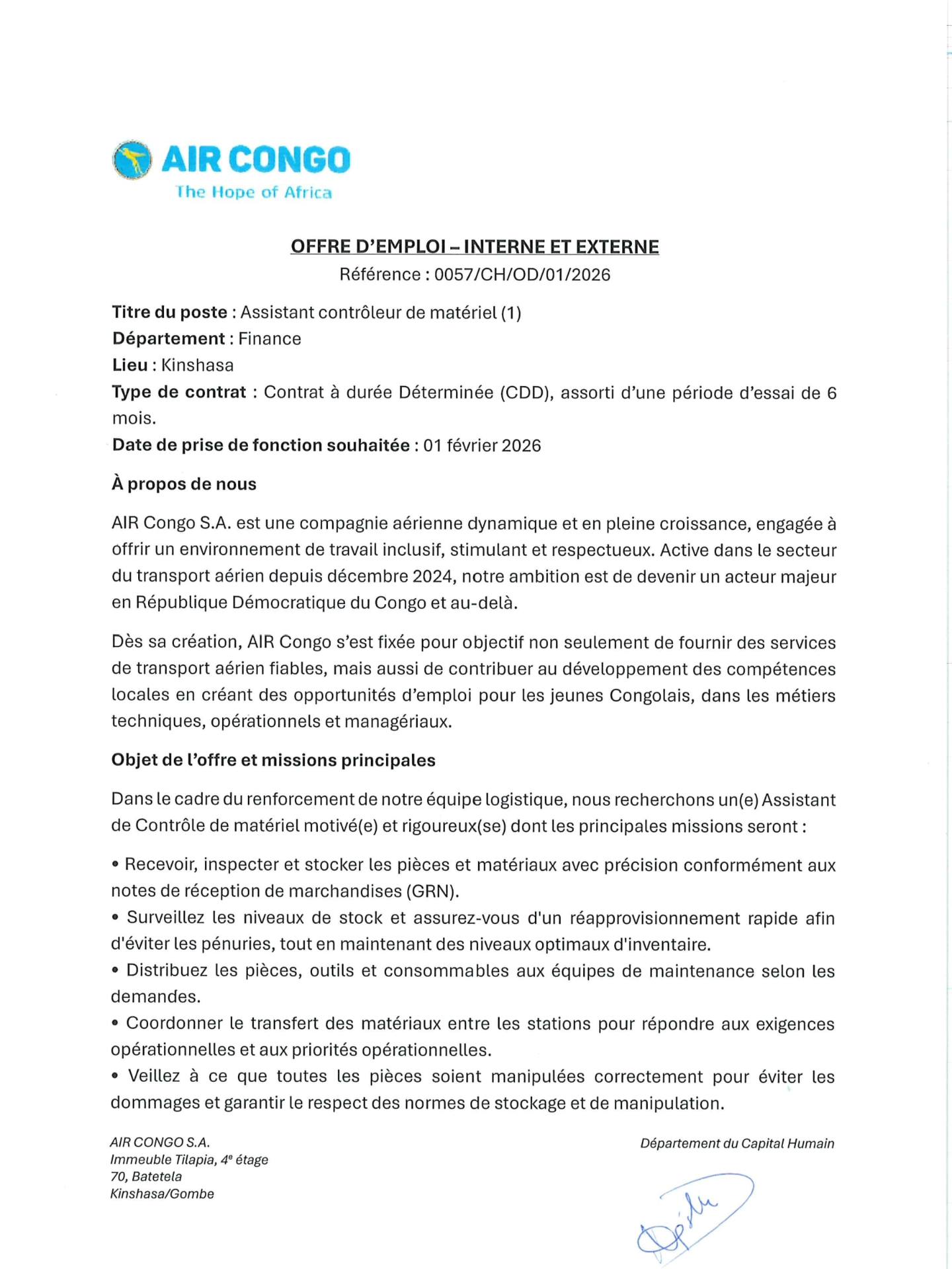 Recrutement à Air Congo : plusieurs postes à pourvoir (22 janvier 2026)