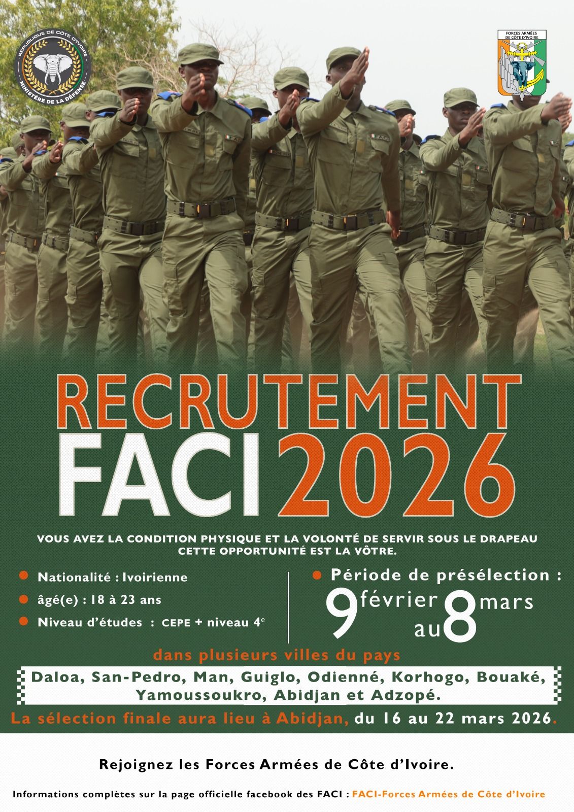 Côte d'Ivoire FACI recrutement des militaires 2026 ; voici les conditions