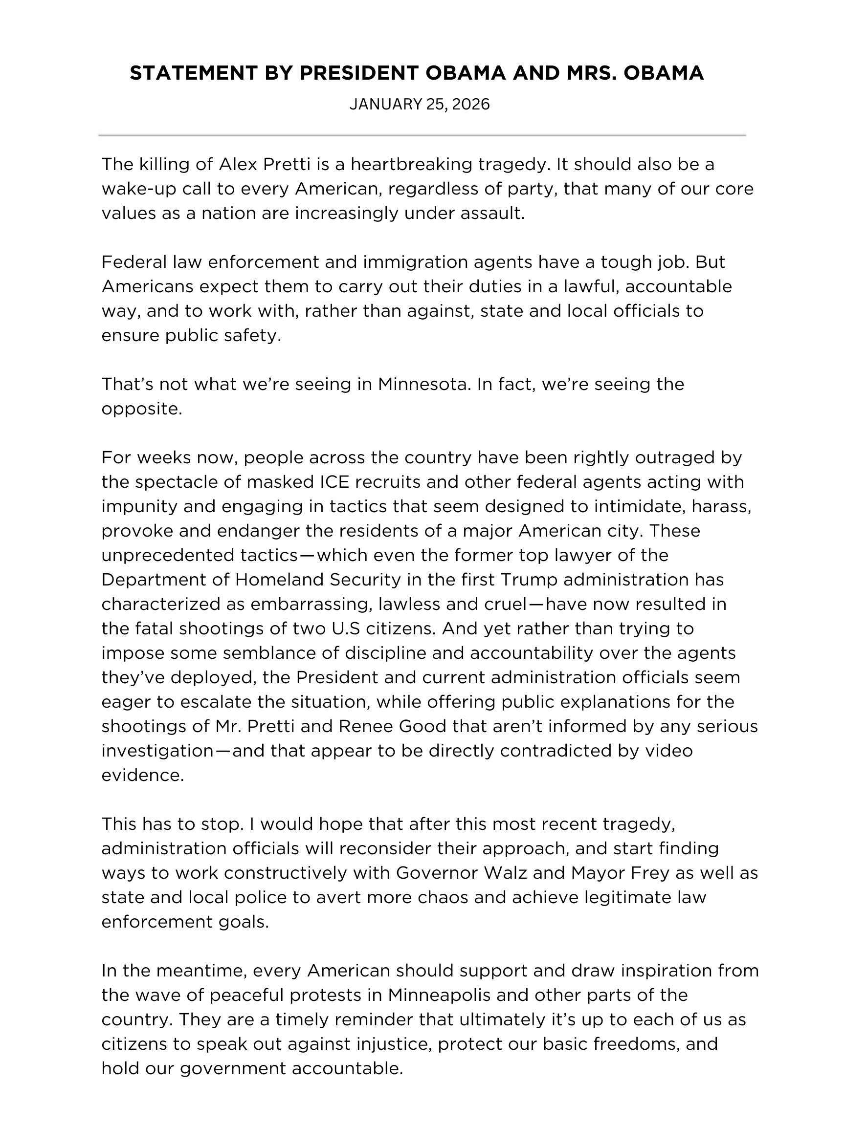 Communiqué intégral de Barack Obama sur les derniers événements de l'ICE aux États-Unis gouverné par Donald Trump