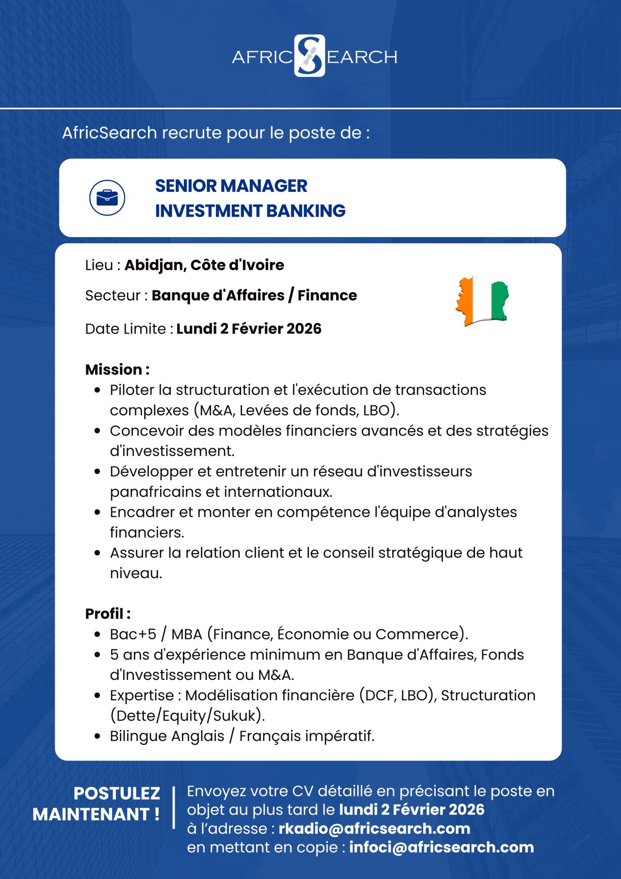 RECRUTEMENT : SENIOR MANAGER INVESTMENT BANKING (H/F)