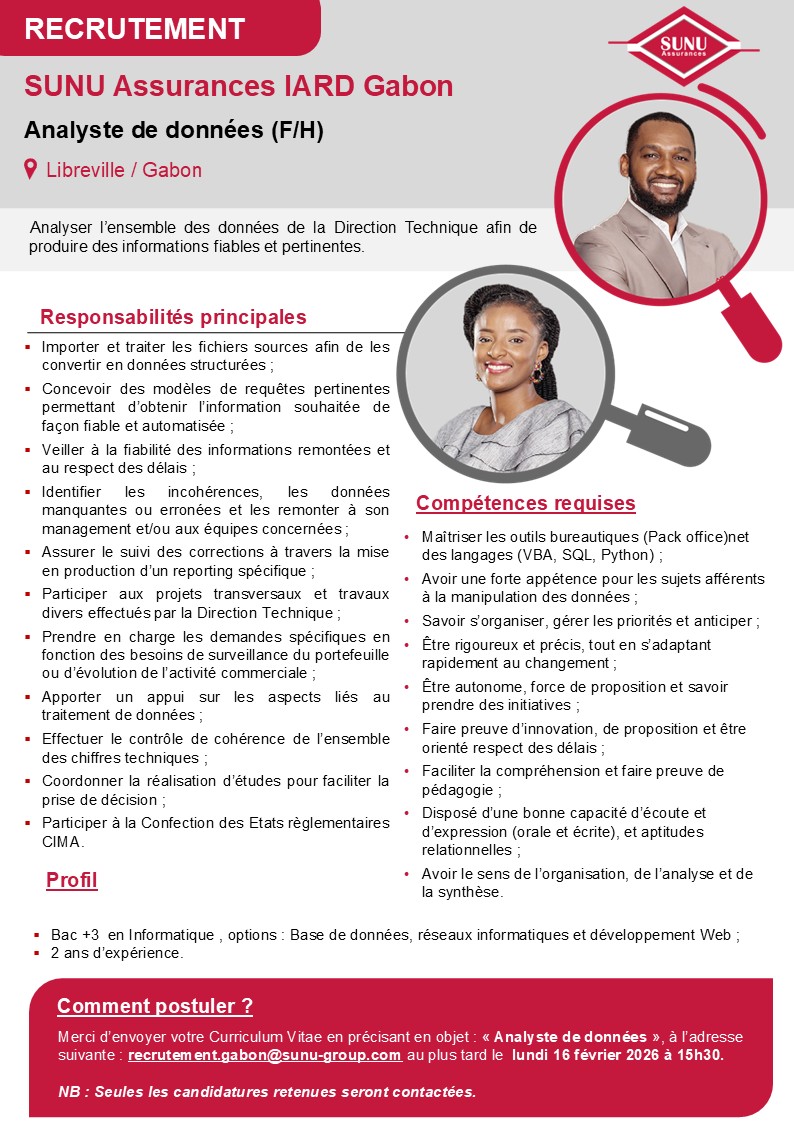 Recrutement massif à SUNU ASSURANCES (05 février 2026)