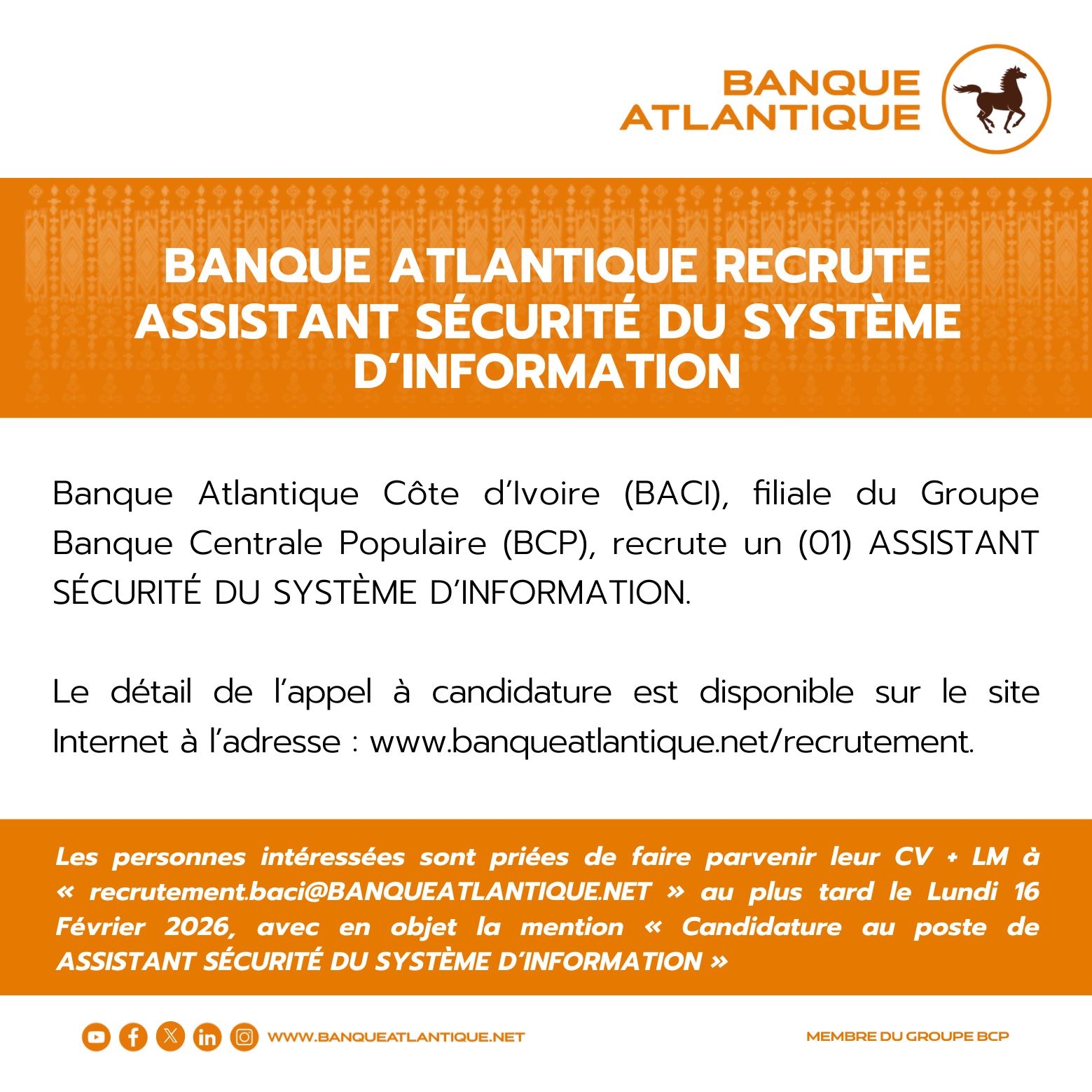 Nouveaux postes à pourvoir à la Banque Atlantique (15 février 2026)
