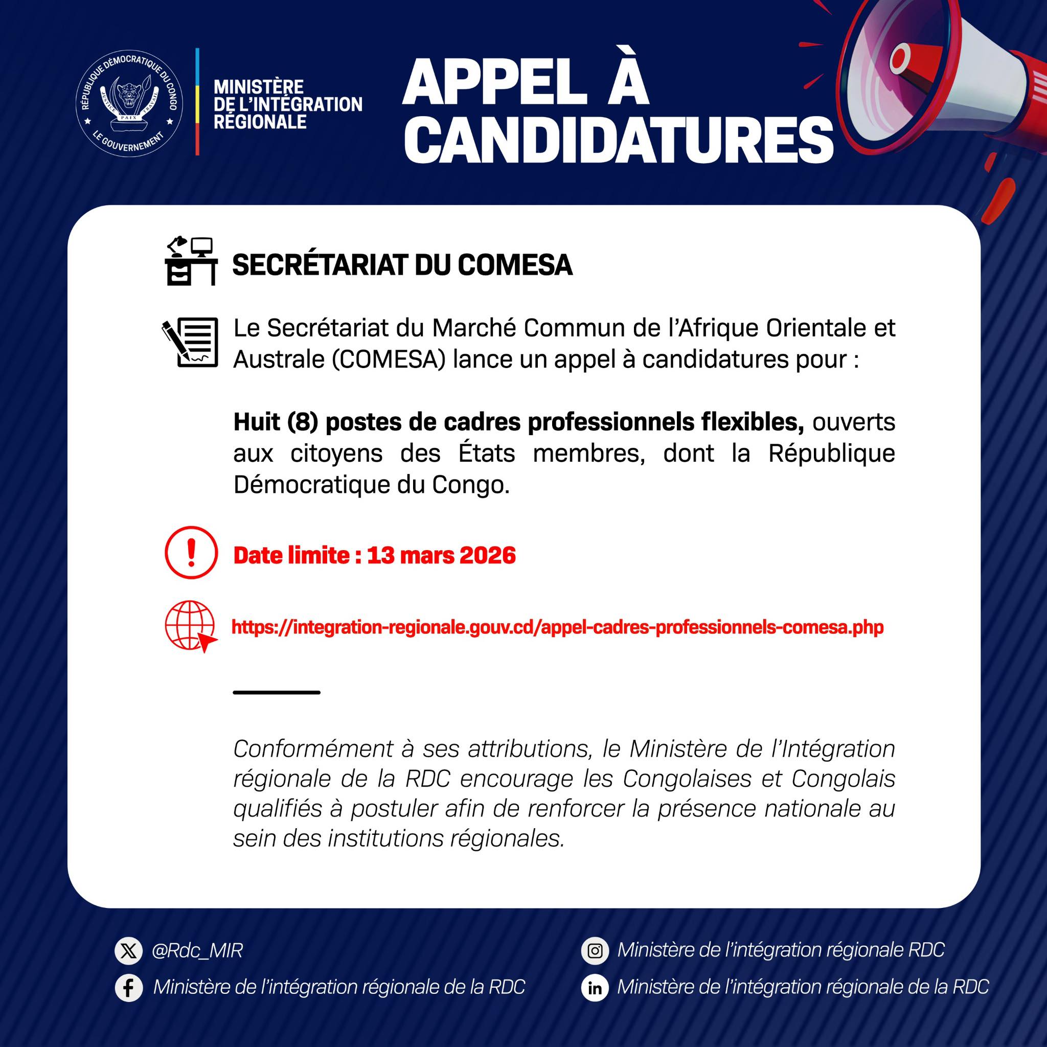 08 postes à pourvoir au Marché Commun de l’Afrique Orientale et Australe COMESA (18 février 2026)