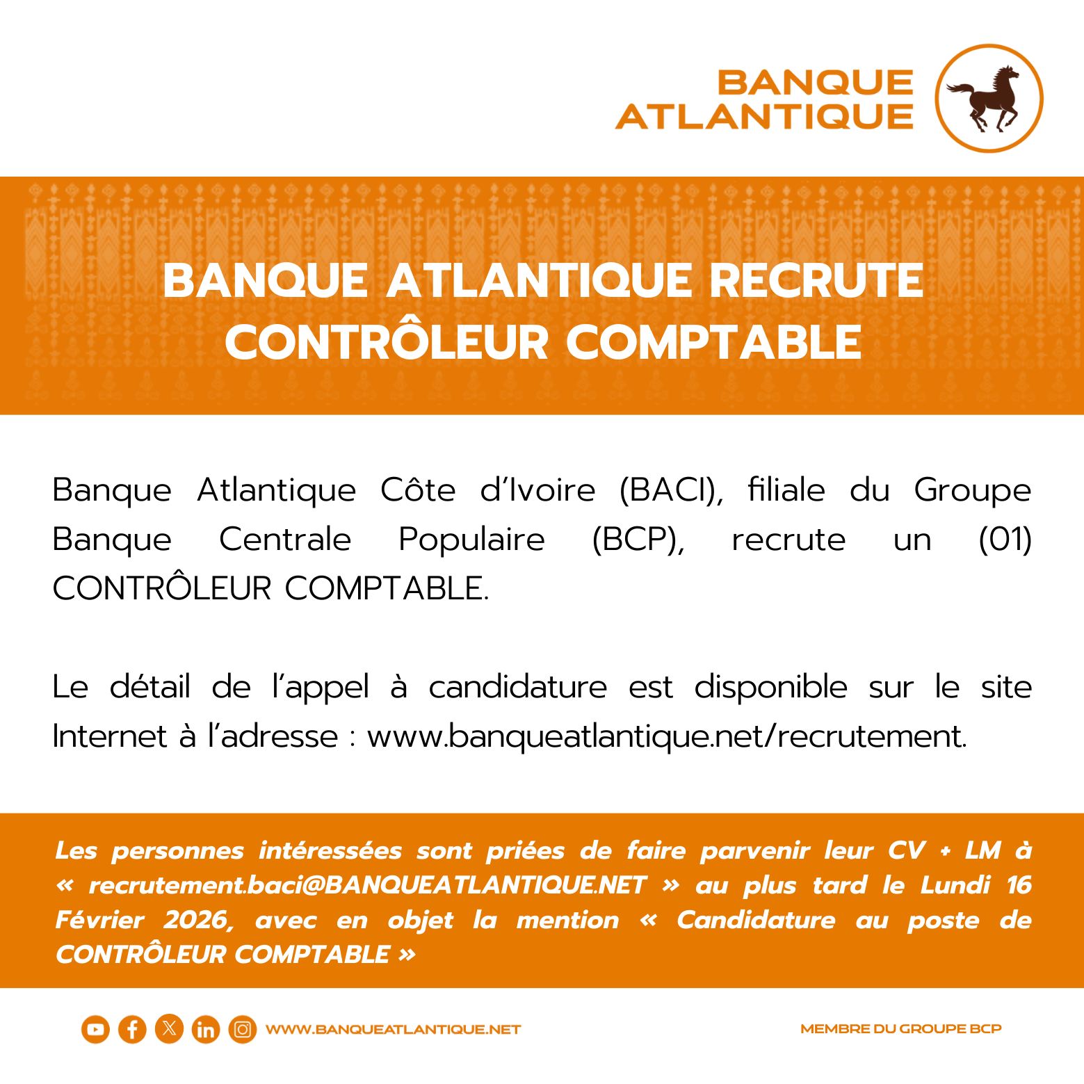 Nouveaux postes à pourvoir à la Banque Atlantique (15 février 2026)