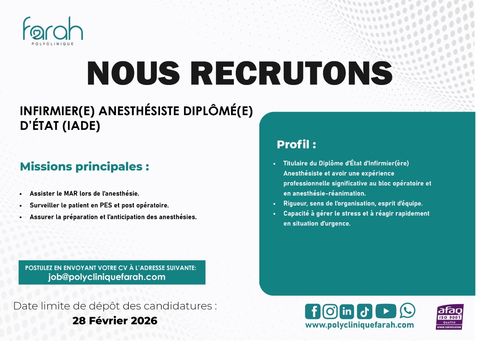 Nouveaux postes à pourvoir à la polyclinique Farah (20 février 2026)