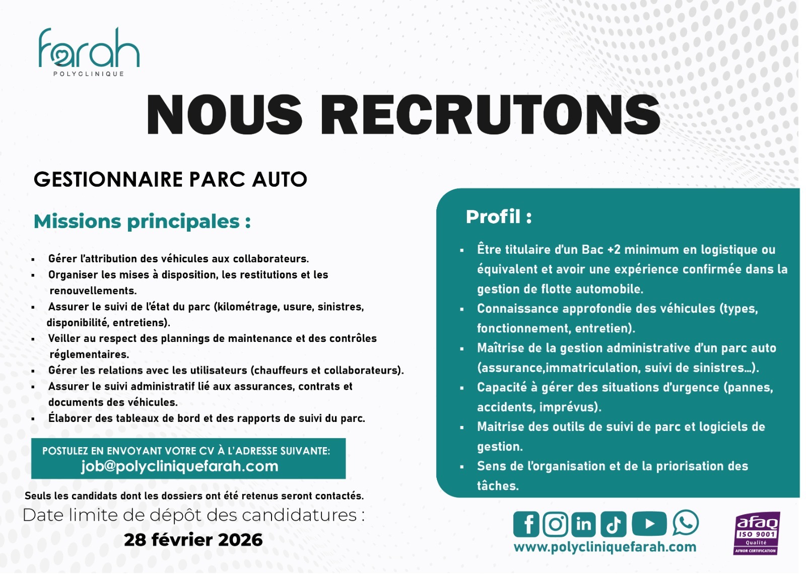 Nouveaux postes à pourvoir à la polyclinique Farah (20 février 2026)